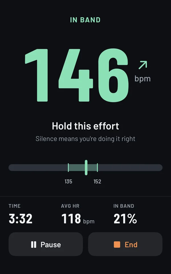 aerozone run screen showing 146 bpm, in band, with the message Hold this effort