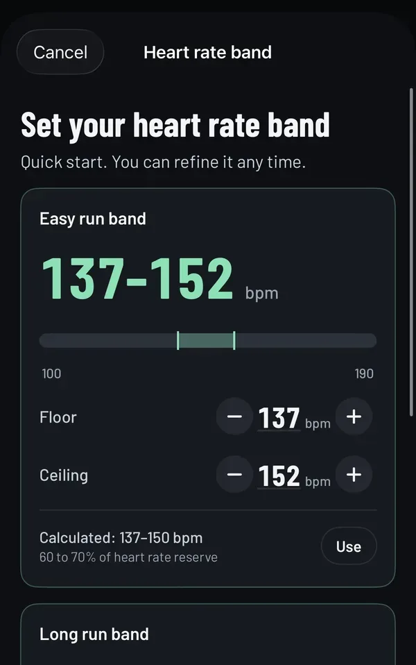 Heart rate band setup screen with an easy run band of 137 to 152 bpm